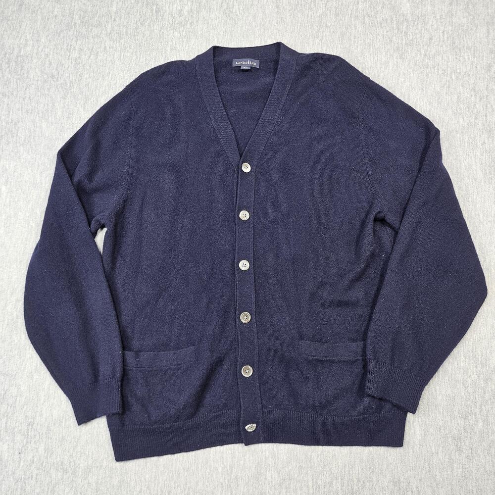 Lands End Cardigan Mens M Blue 100% Cashmere V-Neck Button Pocket Knit Classic